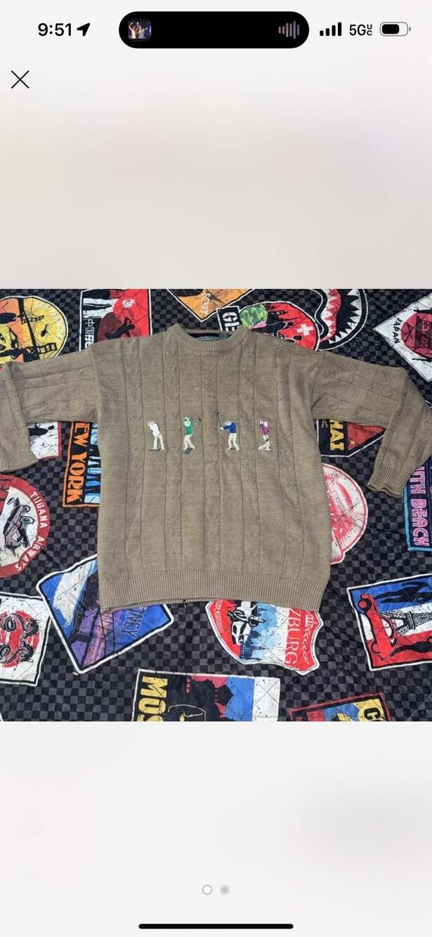 Vintage Golf Embroidered Cable Knit Sweater Tan